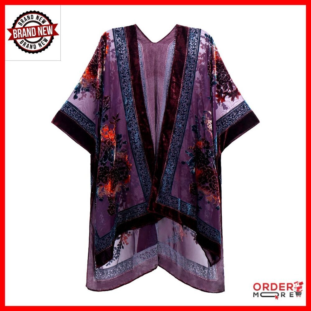 Burnout Velvet Kimono Cardigan Cover Up One Size M-4XL